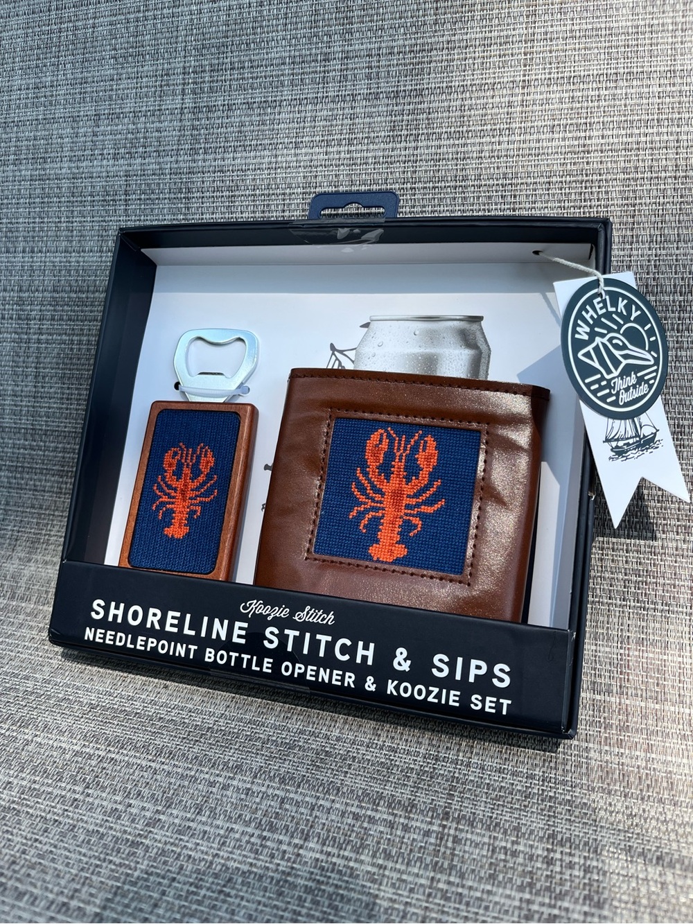 NWT Whelky Shoreline Stitch & Sips Needlepoint Bottle Opener Koozie Set Lobster
